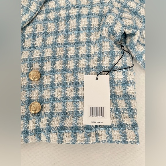 SET JASON WU Boucle Tweed cropped blazer and skort  Blue White Gold Button 8 M - Picture 2 of 16